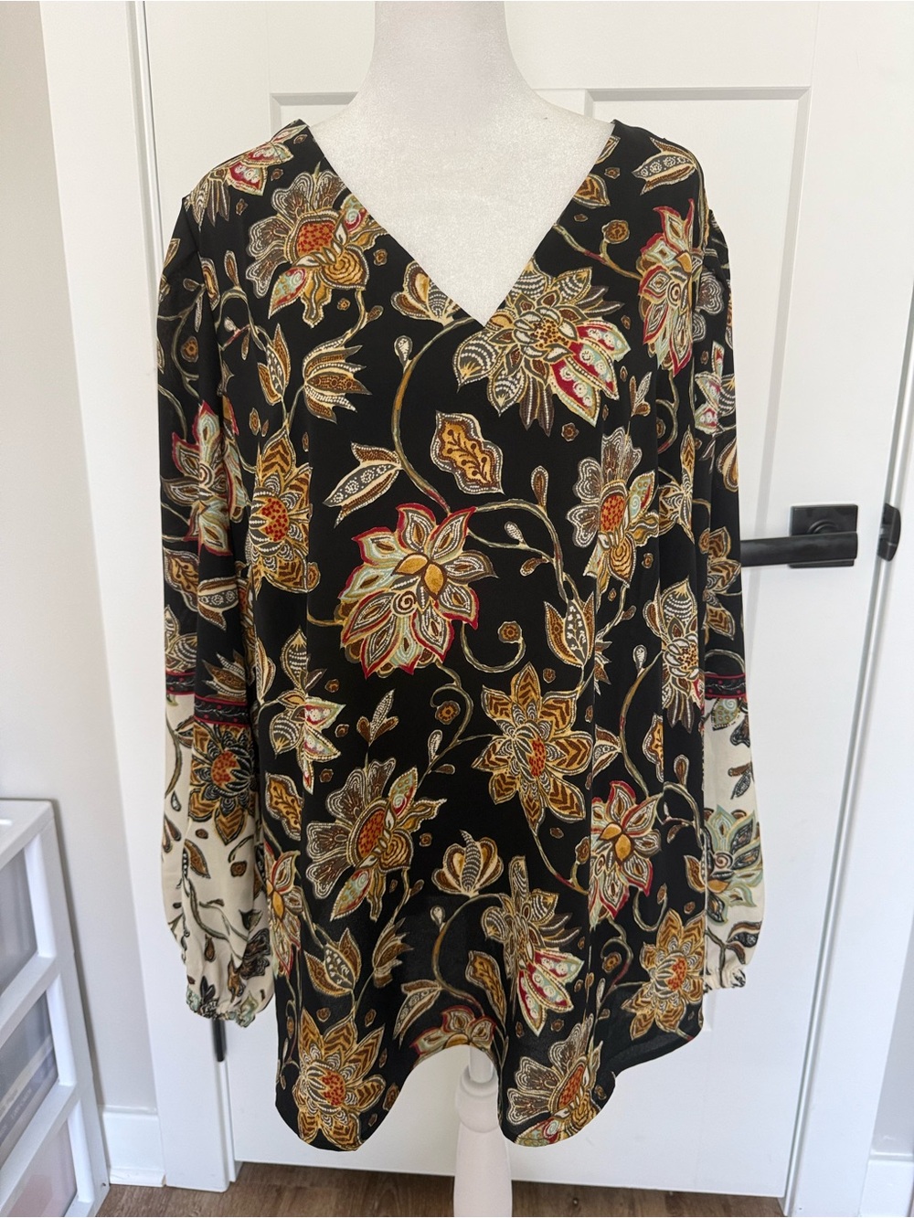 Belle by Kim Gravel Black Floral V-Neck Tunic with Multi-Color Print